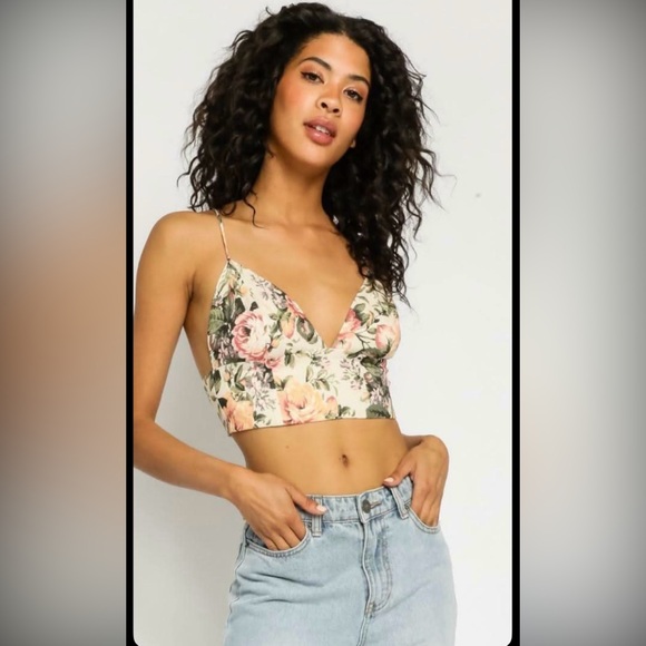 Zara Tops - Zara Floral Pink and Green V-Neck Crop Top